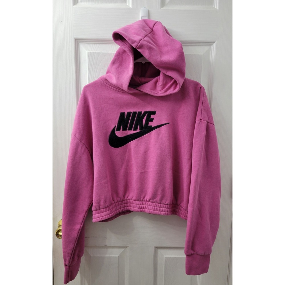 Nike Cropped Medium Pink Hoodie Sweatshirt Embroidered Logo EUC